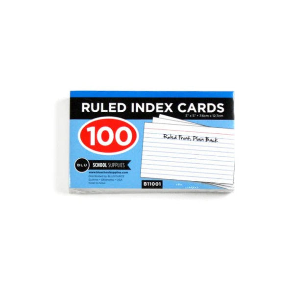 BLU Ruled Index Cards, 3" x 5", White, 100 Per Pack