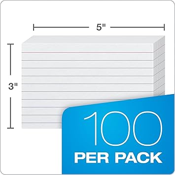BLU Ruled Index Cards, 3" x 5", White, 100 Per Pack
